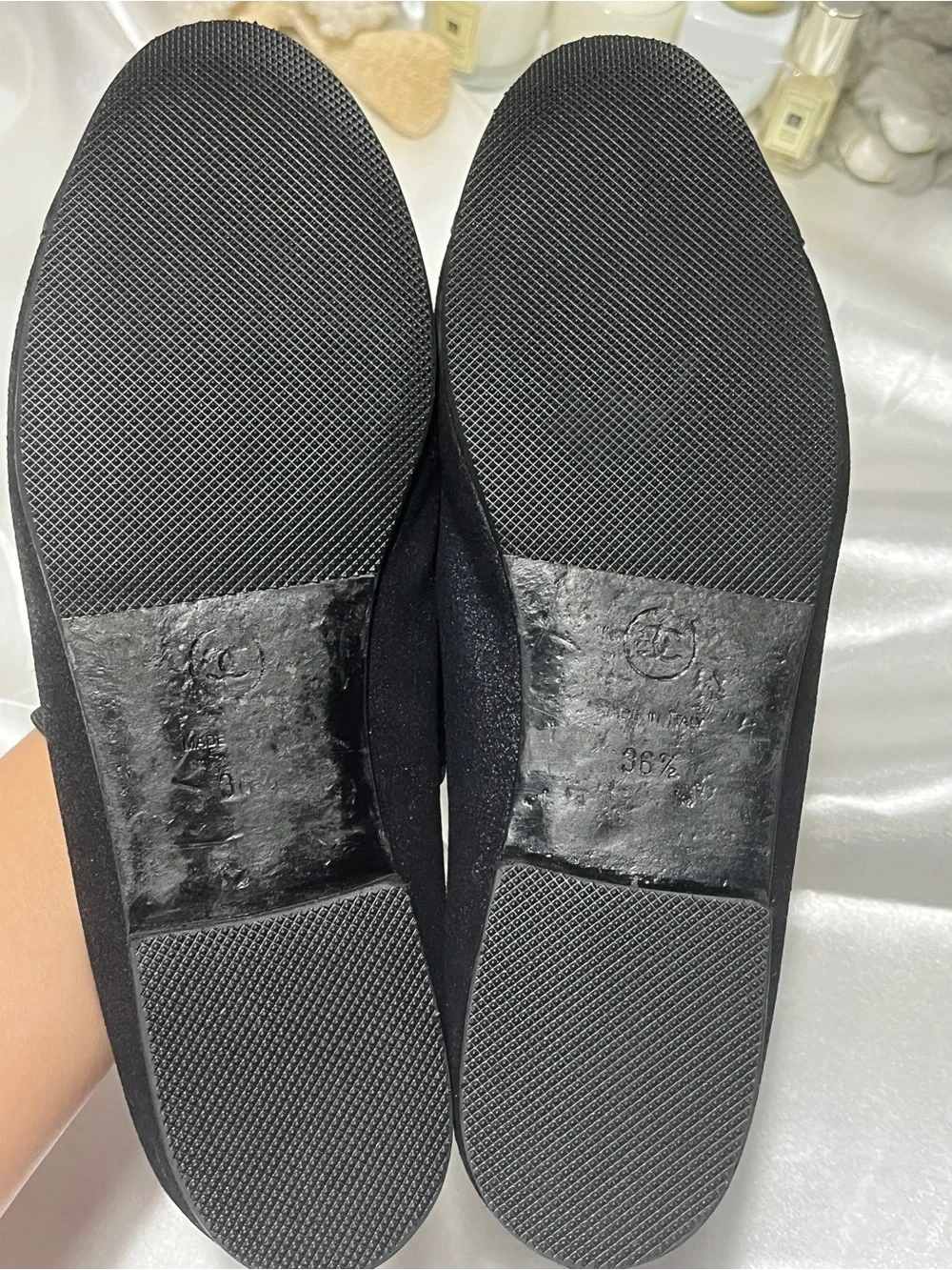 CHANEL Black Cap-Toe navy suede Ballet Flats with CC Logo